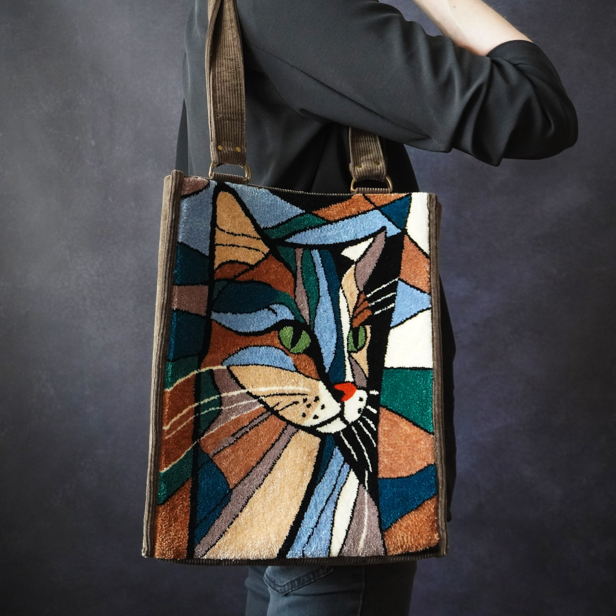Stained Glass Cat Trapezoid Tote Bag on model