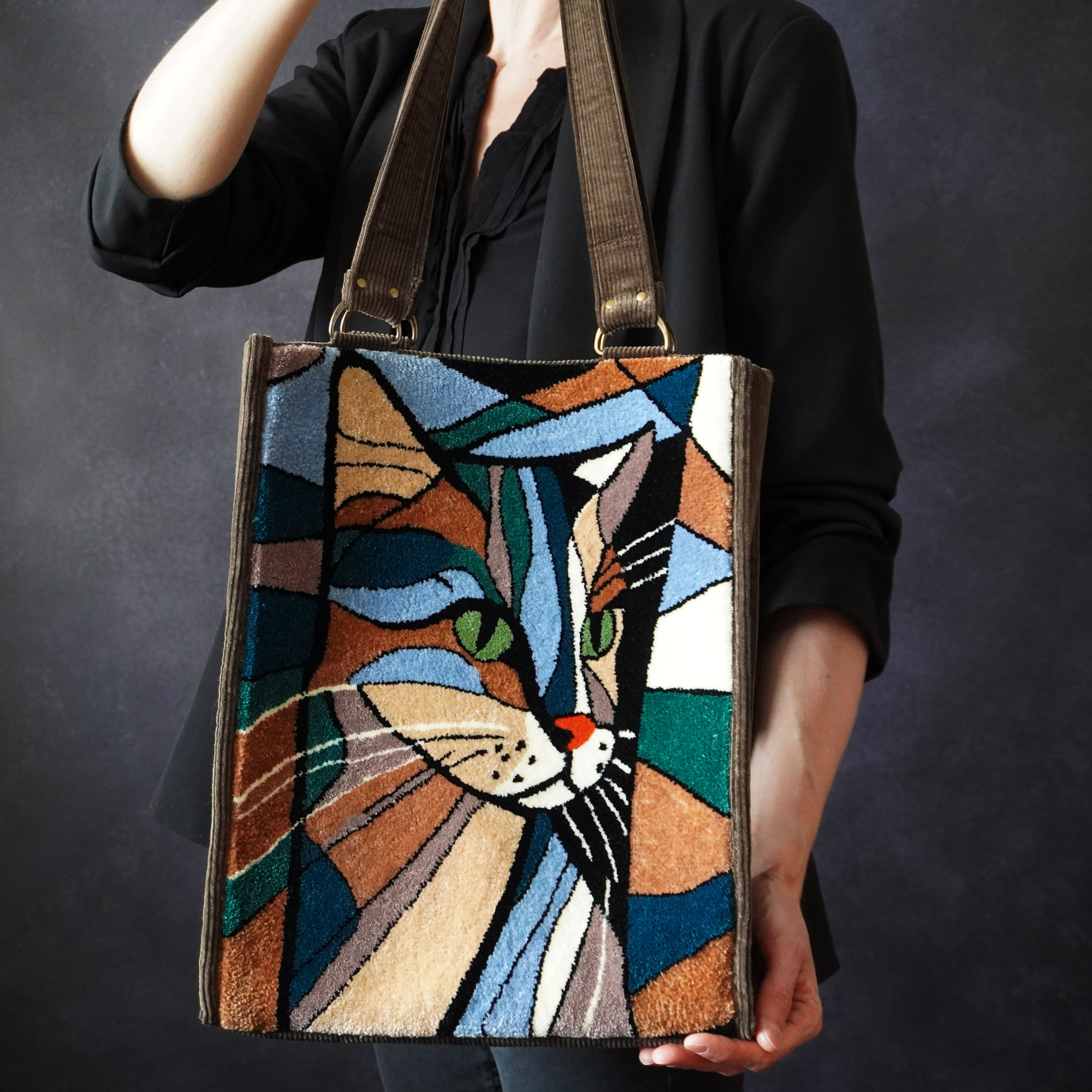 Stained Glass Cat Trapezoid Tote Bag front view