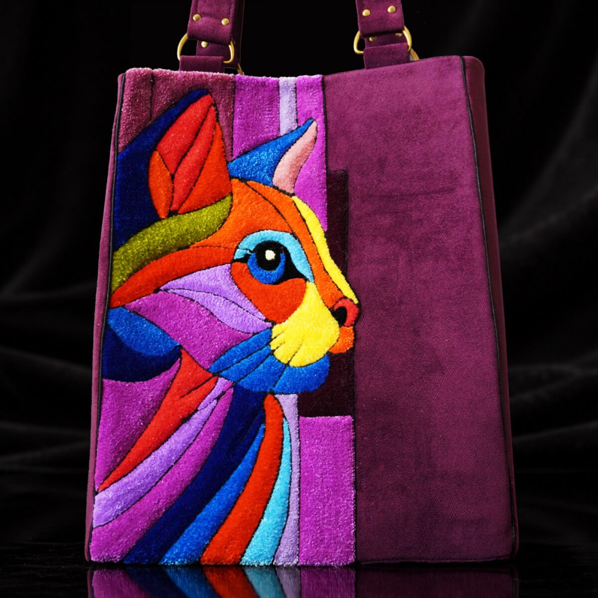 Bold Cat in Purple Handmade Art Tote close up