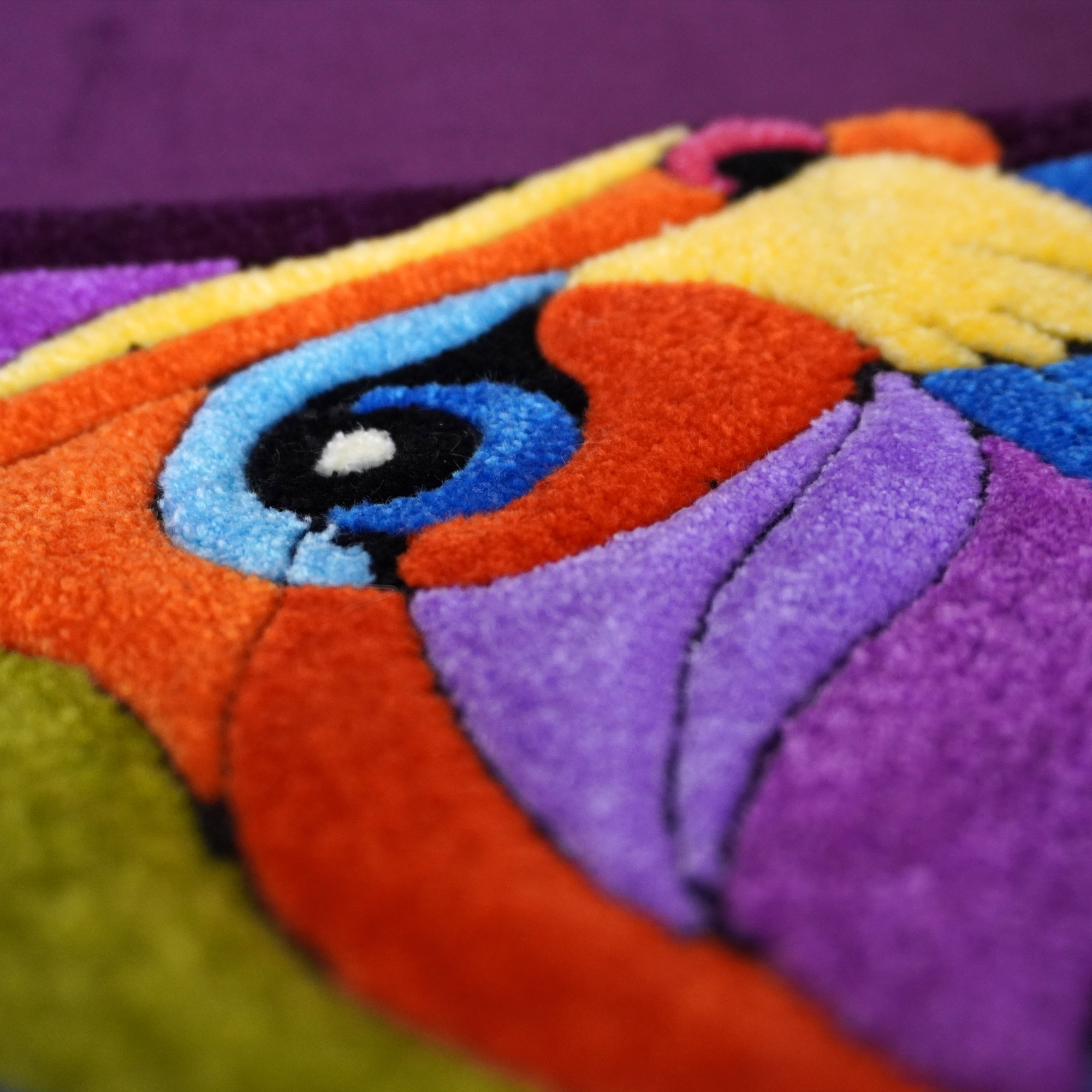 Bold Cat in Purple Handmade Art Tote close-up embroidery detail