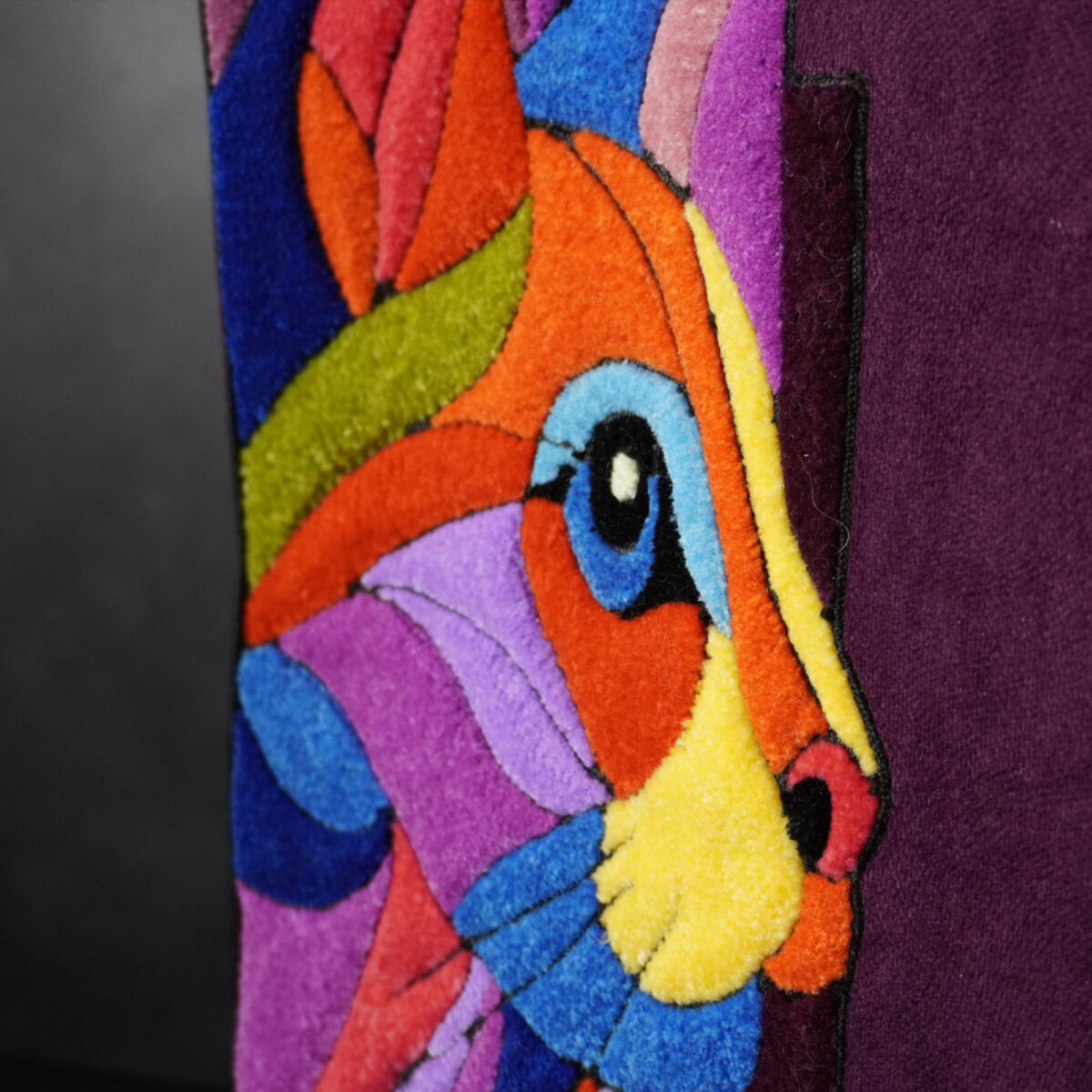 Bold Cat in Purple Handmade Art Tote close-up embroidery detail