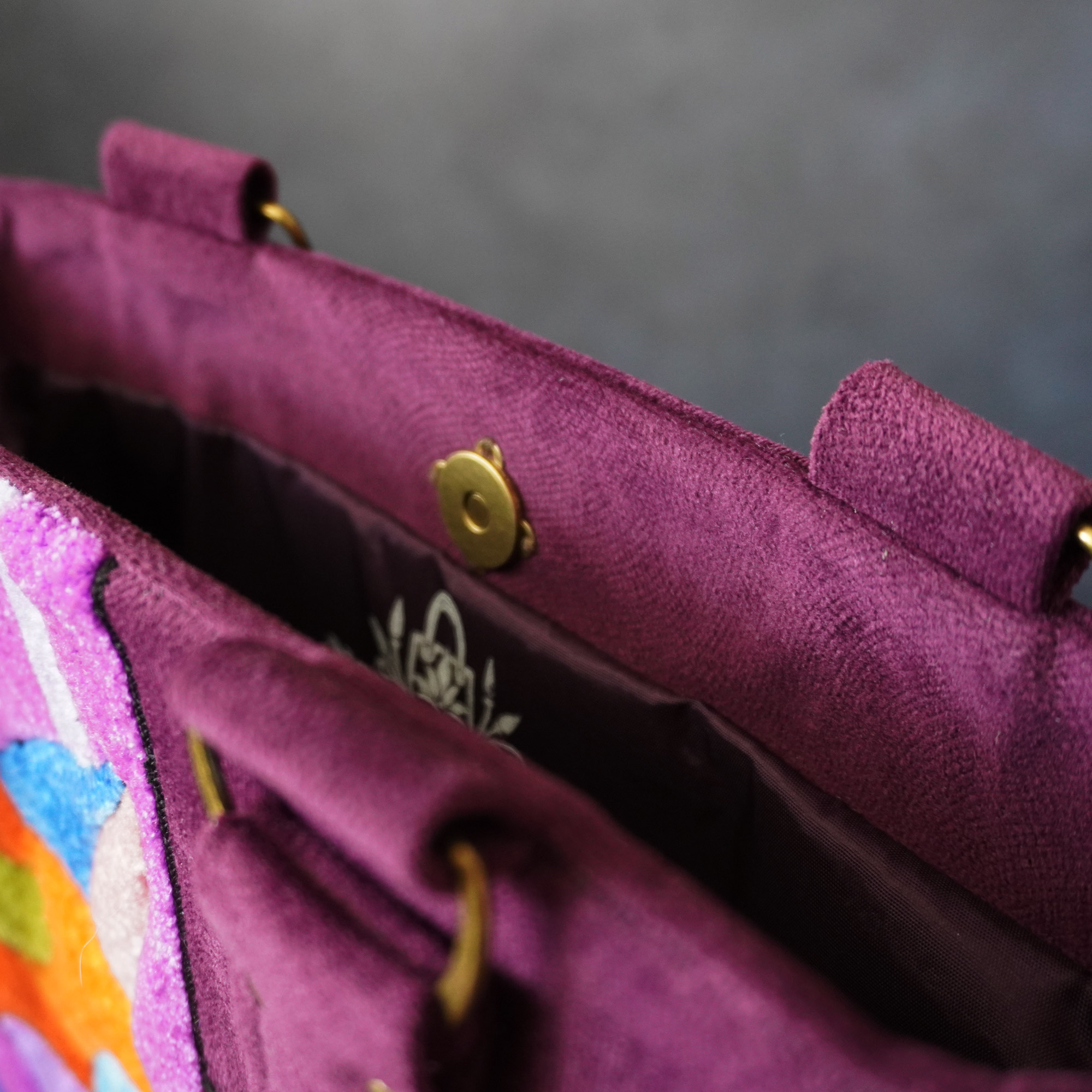 Bold Cat in Purple Handmade Art Tote details