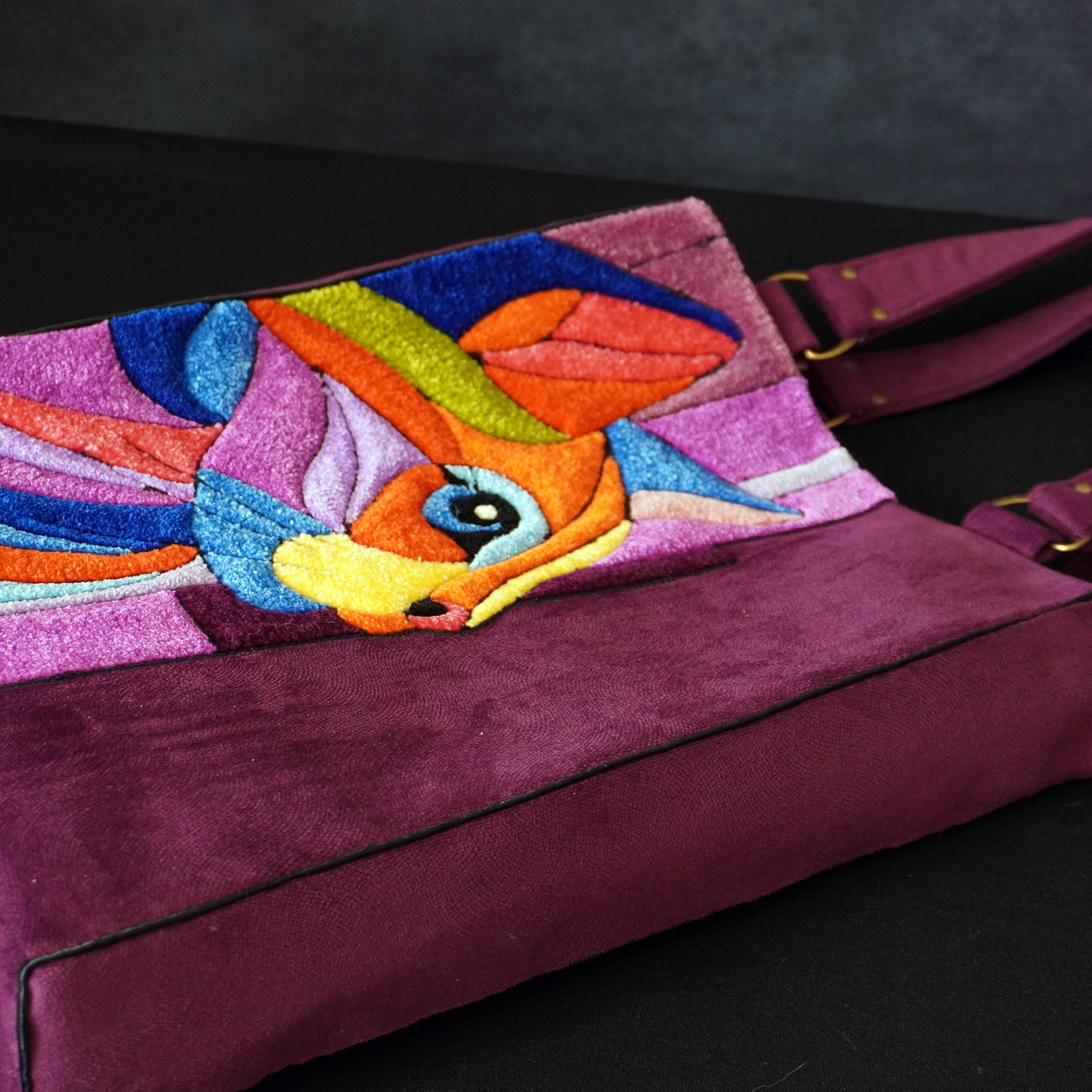 Bold Cat in Purple Handmade Art Tote details
