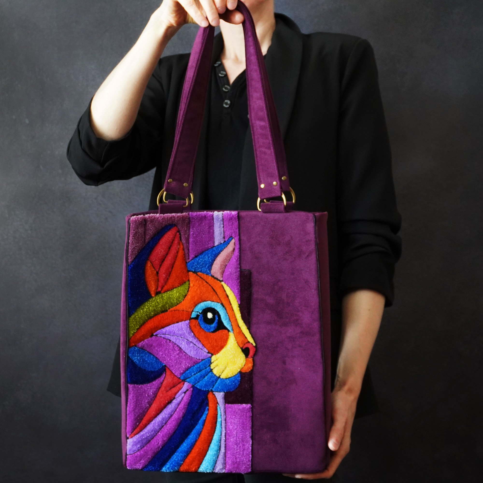 Bold Cat in Purple Handmade Art Tote front view