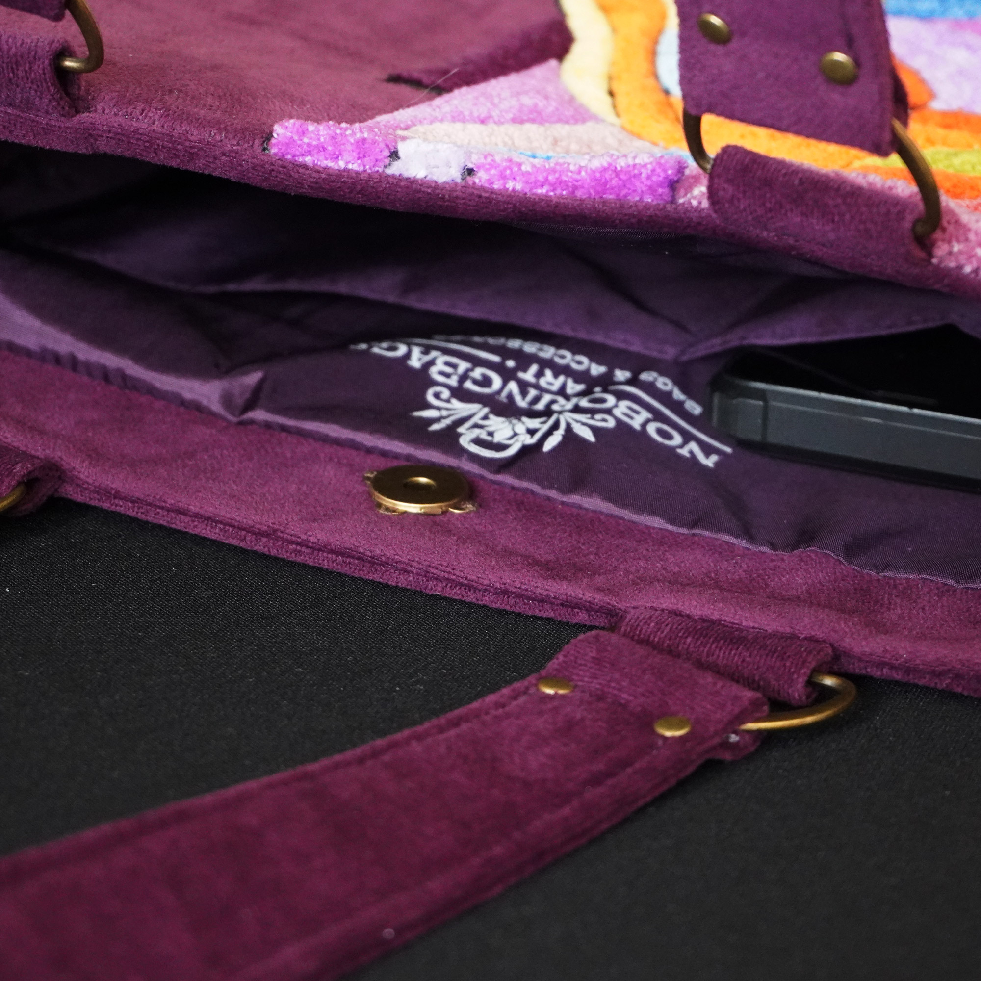 Bold Cat in Purple Handmade Art Tote inside view