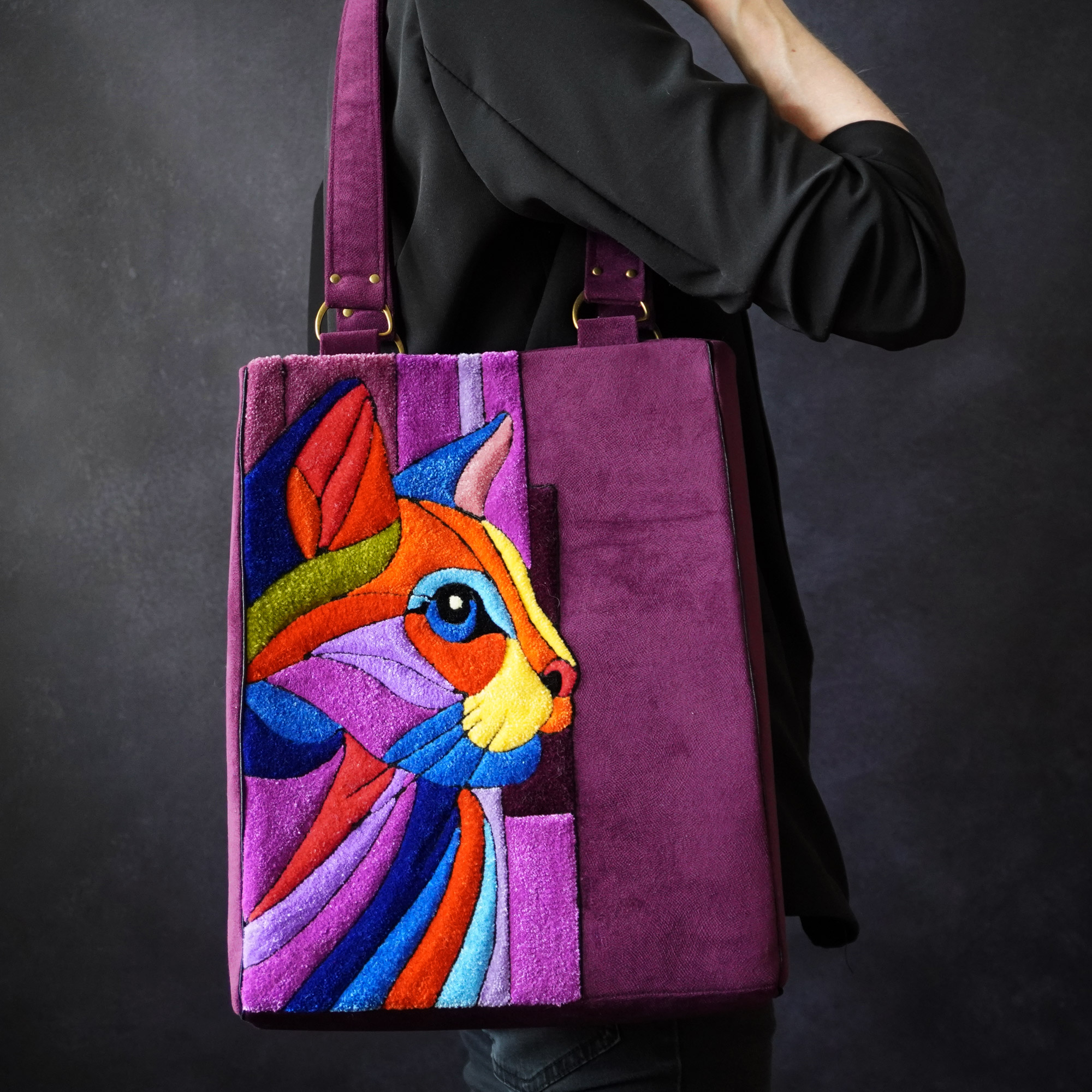 Bold Cat in Purple Handmade Art Tote on model