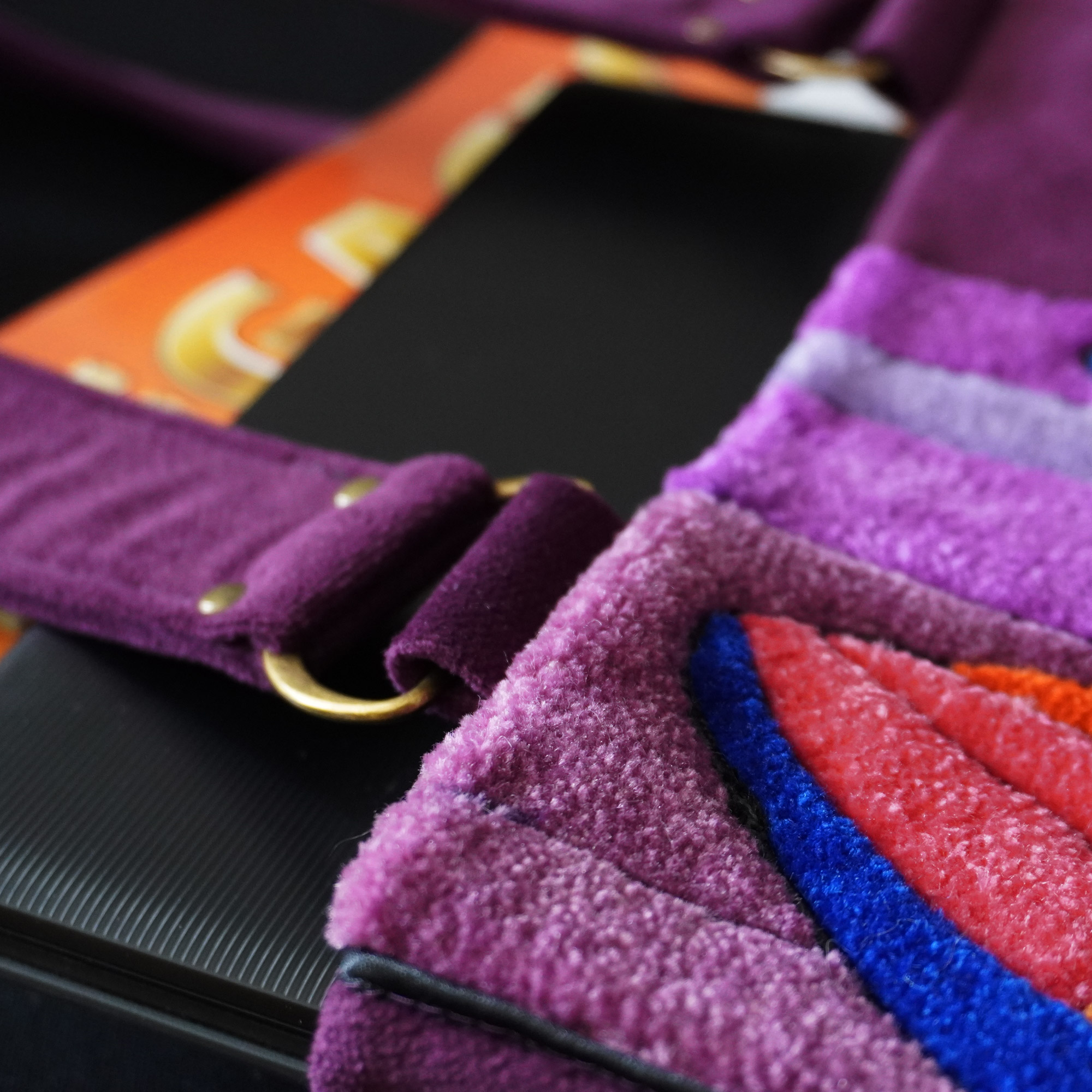 Bold Cat in Purple Handmade Art Tote with laptop and books